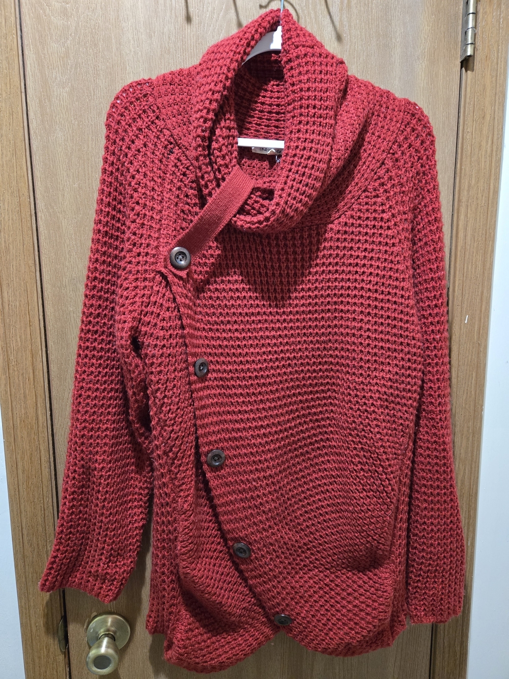 Cozy Red Asymmetrical Button Cowl Neck Sweater